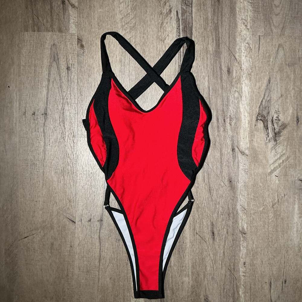 Red Black Color Block One Piece Swimsuit High Cut Criss Cross Size S